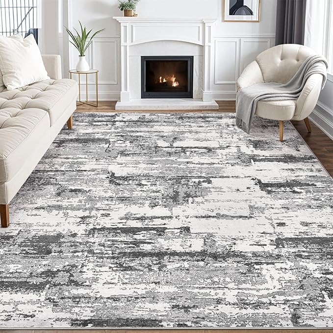 Area Rugs for Living Room: Abstract Washable Rug Modern Neutral Large Soft Stain Resistant Non-Slip Backing Machine Table for Bedroom Dining Room Indoor Home Office Carpet - 12x15 Black Grey
