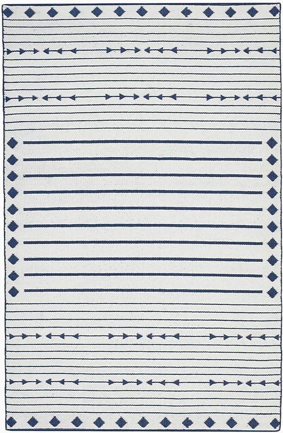 Fab Habitat Machine Washable Area Rug - Hand Woven, Stain Resistant, Pet Friendly, Reversible - Premium Recycled Polyester Yarn - Aztec, Kilim - Bedroom,Living Room - Flagstaff - Navy/White - 4 x 6 ft