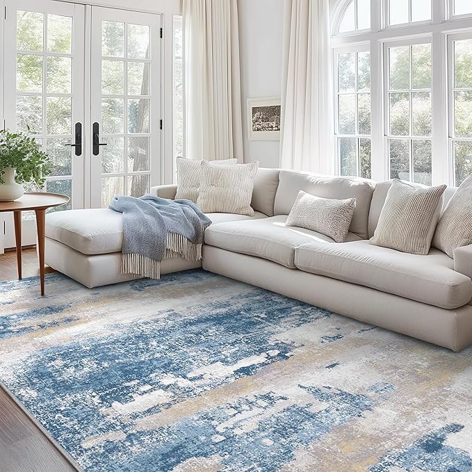 Area Rugs 5x7 for Living Room Bedroom, Modern Abstract Machine Washable Soft Blue Rug, Floor Carpet with Non Slip Backing for Dining Room
