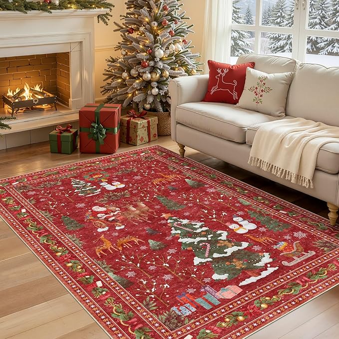 Christmas Area Rug Living Room Rugs: 4x6 Neutral Modern Washable Festive Soft Thin Non-Slip Indoor Carpet for Bedroom Dining Table and Home Office Holiday Decor - Red