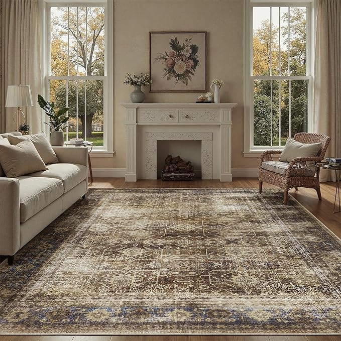 DCX Washable 9x12, Kid & Pet Friendly with Rubber Back Non Slip, Stain Resistant Vintage Rug for Living Room, Bedroom, Home Office, Soft Low Pile Large Farmhouse Distressed Carpet, Brickred