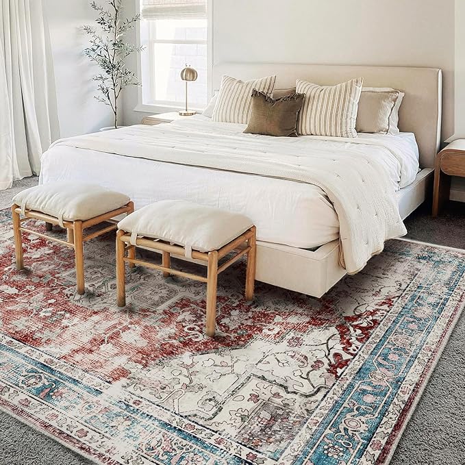 Washable Area Rug 10'x14' Red Blue Retro Flowers Boho Design Non-Shedding Easy Care Ideal for High Traffic Areas in Living Room Bedroom Office Coffee Table Kitchen Large Carpet
