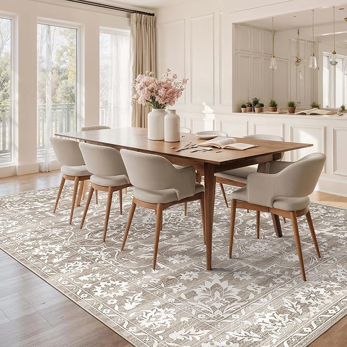 8x10 Washable Area Rugs for Living Room, Vintage Floral Stain Resistant Non-Slip Low Pile Natural Rug Soft Throw Large Carpet for Dining Room Bedroom Home Office (Light Brown, 8'x10')