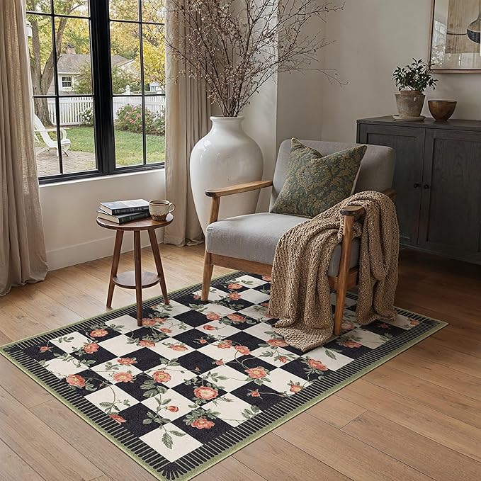 HUGEAR 3x5 Checkered Area Rugs Machine Washable Black and White Living Room Rug Floral Print Non-Slip Stain Resistant Low Pile Indoor Throw Carpet for Bedroom Home Unique Aesthetic Modern Decor