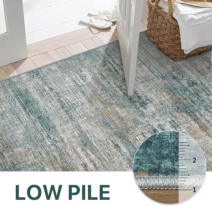 Area Rugs 5x7 for Living Room Bedroom, Modern Abstract Machine Washable Rug, Large Soft Low Pile Floor Carpet with Non Slip Backing for Dining Room, Teal/Grey