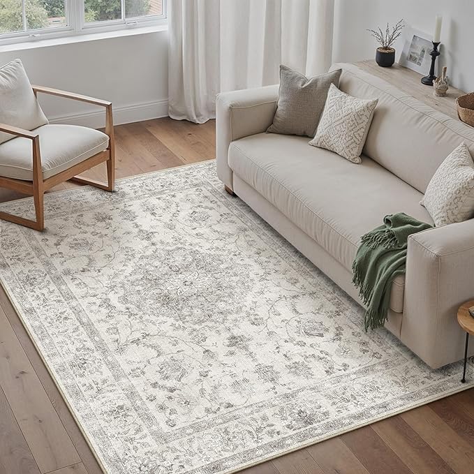 4x6 Area Rug Gray Washable Vintage Entryway Office Carpet Small Non Slip Soft Low Pile Soft Thin Kitchen Bathroom Retro Accent Throw Rug Entrance Bedroom Office Living Room Laundry