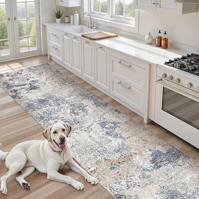 Hallway Washable Runner Rug: 3x12 Abstract Modern Soft Stain Resistant Non-Slip Backing Runner for for Entryway Kitchen Laundry - Blue Brown