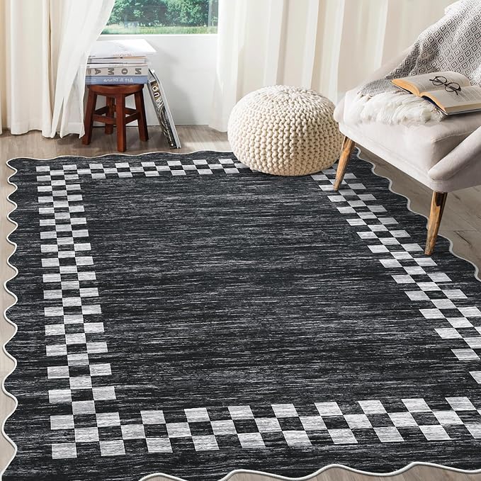 GarveeHome Washable Rug 5x7 for Living Room Large Bedroom Scalloped Rug Non Slip Stain Resistant Modern Border Throw Carpet Soft Boho Rug for Dining Room Nursery Home Office, Grey