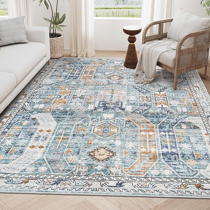 5x7 Area Rugs for Living Room,Stain Resistant Washable Rug,Non-Slip Backing Carpets for Bedroom,Kitchen,Printed Vintage Home Decor Rug (Blue/Gold, 5'x7')