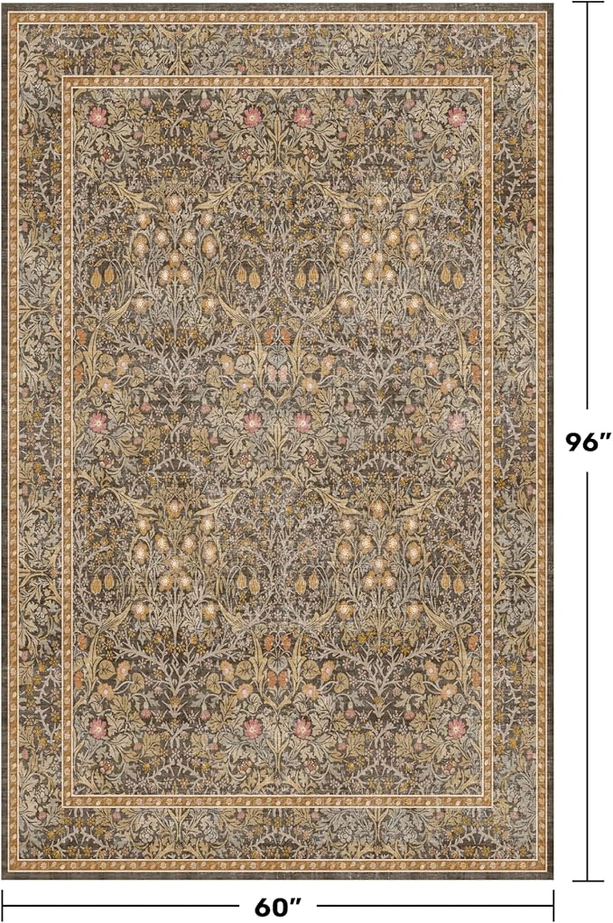 Dining Room Rugs for Under Table - 5x8 Washable Brown Oriental Area Rug for Living Room, Low Pile Non-Slip Floor Carpet for Bedroom - Vintage Design & Stain Resistance
