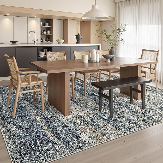 Art&Tuft Washable Rug, Anti-Slip Backing Abstract 8x10 Area Rugs, Stain Resistant Rugs for Living Room, Foldable Machine Washable Area Rug 8x10, Navy