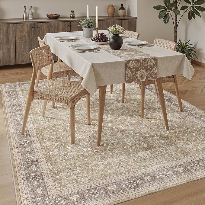DCX Beige and Taupe 4x6 Rug, Kid & Pet Friendly with Rubber Back Non Slip, Machine Washable Stain Resistant Vintage Traditional Distressed Carpet, Rug for Living Room, Bedroom, Neutral Home Decor