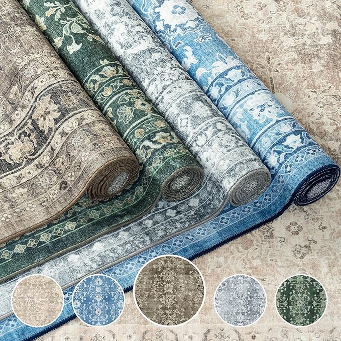 Lessymo Runner Rugs 2x6 ft, Vintage Brown Machine Washable Rug for Hallway Kitchen Bedroom, Non Slip Low Pile Soft Long Area Rug, Distressed Boho Floral Accent Carpet