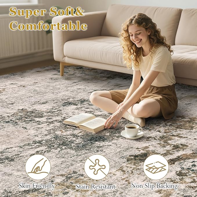 Area Rugs for Living Room: 10x12 Abstract Washable Rug Large Soft Stain Resistant Non-Slip Backing for Bedroom Dining Room Indoor Home Office Carpet for Kids Pet Friendly Families - Dark Brown