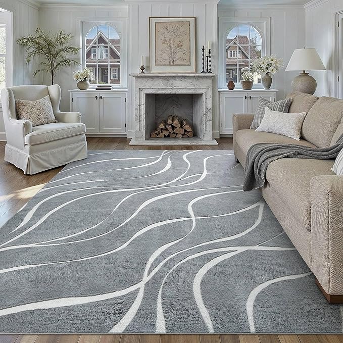 HUGEAR Shag Area Rug 8x10 Grey & Ivory Washable Living Room Bedroom Rug Non Slip Non-Shedding Soft Plush Medium Pile Large Throw Carpet for Home Office Aesthetic Modern Decor