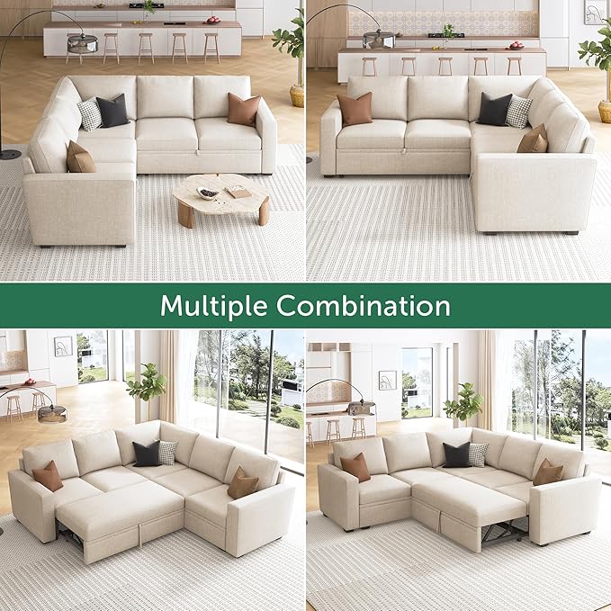 HONBAY Modular Sectional Sleeper Sofa with Pull Out Bed, L Shaped Couch with Storage Seat, Convertible Sectional Couches for Living Room, Beige