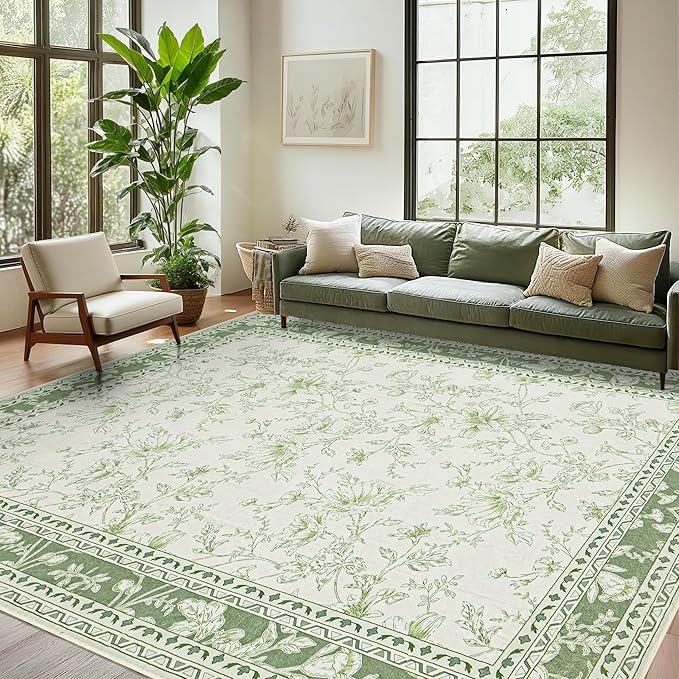 Sage Green Floral 5x7 Area Rug Vintage Boho Washable Printed Rug for Living Room Non-Slip Soft Bedroom Cottagecore Farmhouse Carpet for Dining Room Nursery Light Green and Cream Beige Sketch Style