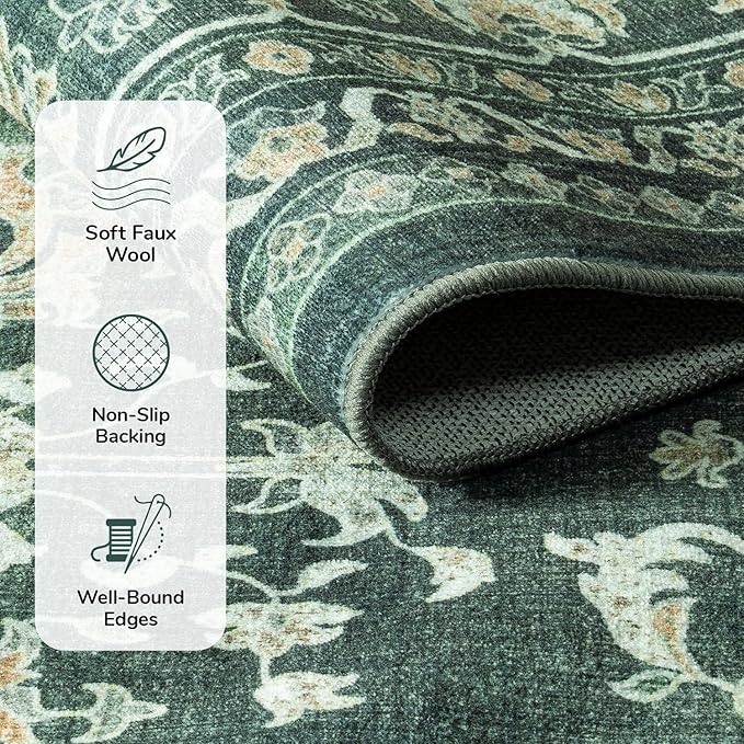 Lessymo 8x10 Area Rugs for Living Room, Machine Washable Non Slip Large Rug, Soft Low Pile Carpet for Bedroom Dining Office, Vintage Dark Green Distressed Floral Floor Decor
