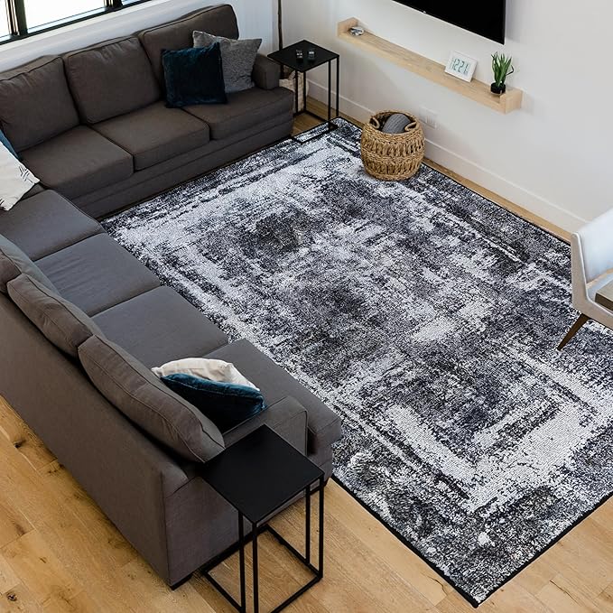 Hudson Comfort 10x12 Area Rug - Faux Cashmere Living Room Carpet - Machine Washable Area Rugs with Anti-Slip TPR Back - Super Soft 6mm Pile Height Pet-Friendly Rugs (Black)