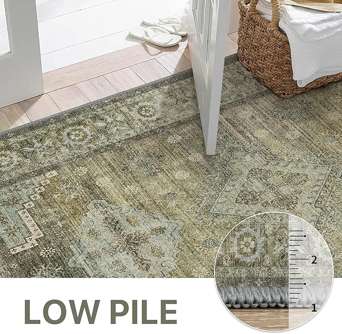 GENIMO Runner Rug 2x10 Non Slip Machine Washable Vintage Hallway Runner Rugs, Low Pile Lightweight Mat for Living Room, Entryway, Bedroom, Kitchen and Corridor, Distressed Sage