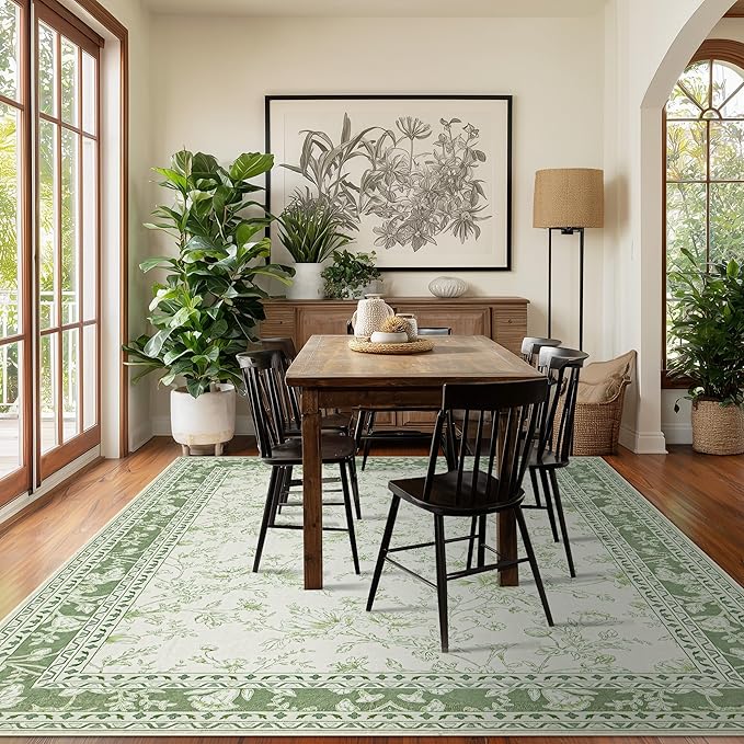 Sage Green Area Rugs 8x10 for Living Room Boho Washable Large Floral Floor Covering, 8 x 10 Cream Beige Green Rugs Bedroom Dining Room, Non Slip Farmhouse Floor Carpet for Kids Playroom Dorm Nursery