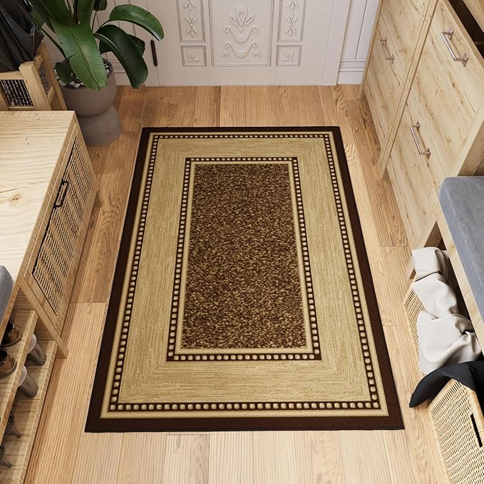 Ottomanson 3'3" x 5' Rugs for Living Room Border Area Rug for Bedroom - Non Slip Durable Large Floor Carpet for High Traffic Areas - Indoor Rug for Dining Room Kitchen Kids Playroom, Brown