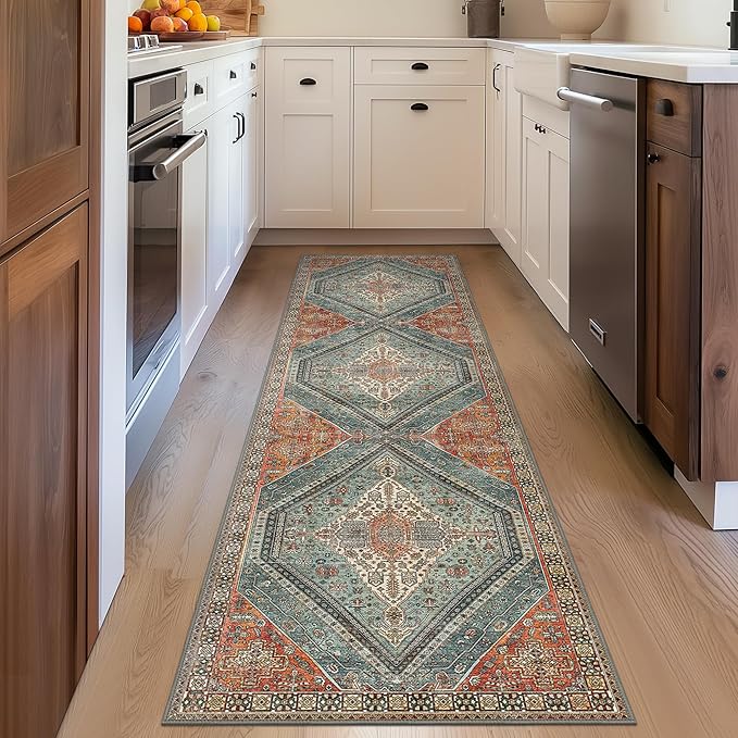 Bavni Kitchen Rug 2x5 Runner Rugs for Hallways Entryway, Washable Vintage Print Carpet, Ultra-Thin Chenille Low Pile Lightweight Rug with Non Slip Backing, Light Red/Blue