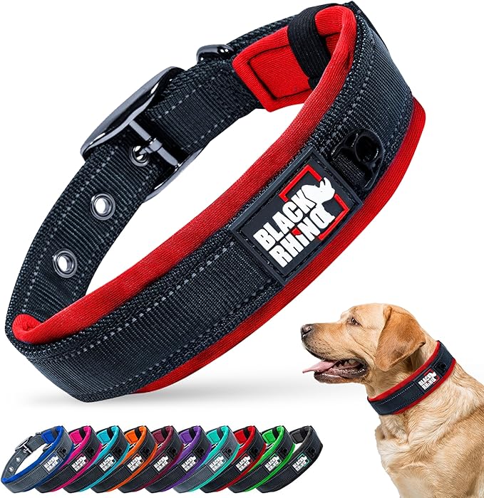 Black Rhino Large Dog Collar - Heavy Duty Adjustable Tactical Dog Collar with Reflective Stitching - 19"-23" Ultra-Soft Neoprene Padded and Weatherproof - Comfortable for Active Dogs - Red and Black