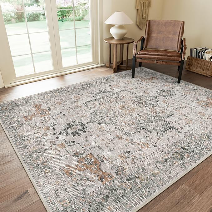 GENIMO 4x5 Area Rugs for Living Room, Machine Washable Rug, Non Slip Indoor Vintage Rug, Low Pile Lightweight Chenille Print Carpet for Bedroom Dining Room Home Office, Light Taupe Brown