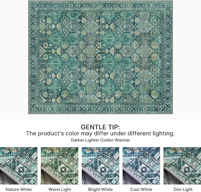 Bavni Washable Rug 6x9 Area Rug for Living Room Bedroom Dining, Washable Vintage Print Carpet, Ultra-Thin Chenille Low Pile Lightweight Rug with Non Slip Backing, Dark Green