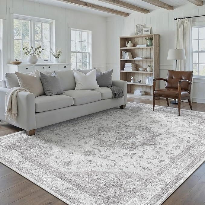 Grey Gray Area Rug 6x9 Washable Vintage Carpet for Living Room Bedroom Large Soft Retro Low Pile Thin Indoor Rug Non Slip Oriental Medallion Floor Cover for Dining Room Office