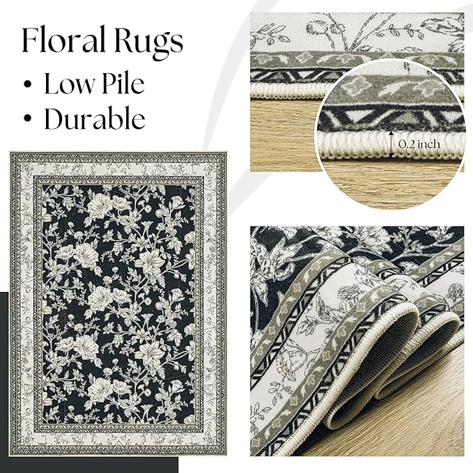 Black Boho Living Room Rug 5x8, Washable Low Pile Non Slip Area Rugs for Bedroom, Dining Room, Office, Farmhouse Retro Carpet Indoor Cream Beige Taupe Pattern Aesthetic Sketch Style Vintag Room Decor