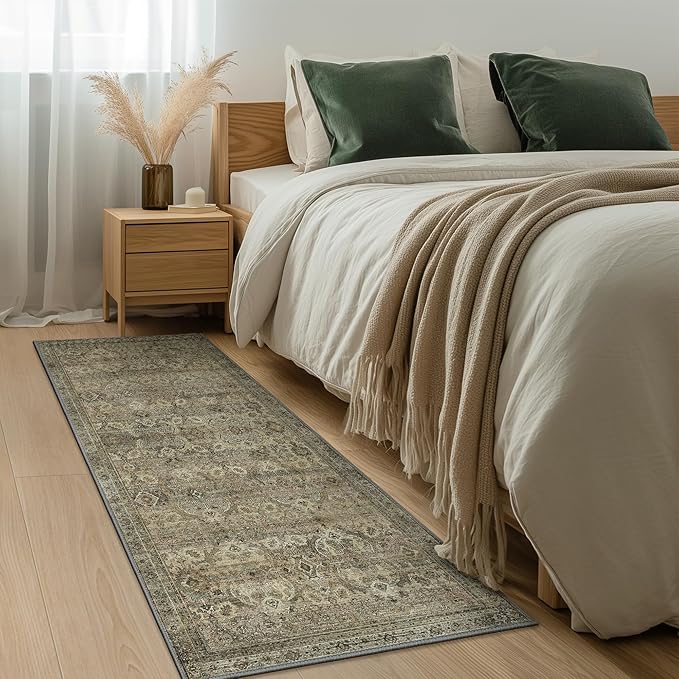 2x10 Runner Rug Machine Washable Boho Rug Runners for Hallway,Ultra-Thin Low Pile Rug,Lightweight Indoor Carpet,Non Slip Floral Runners for Enrtyway, Corridor, Home Office, Kitchen,Sage