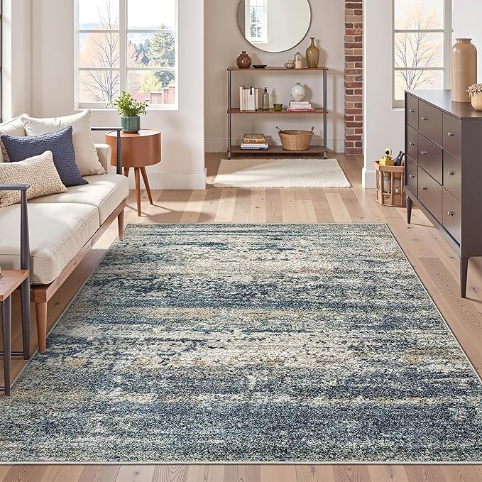 Art&Tuft Washable Rug, Anti-Slip Backing Abstract 3x5 Rug, Stain Resistant Rugs for Living Room, Foldable Machine Washable Area Rug (TPR19-Navy, 3'x5')