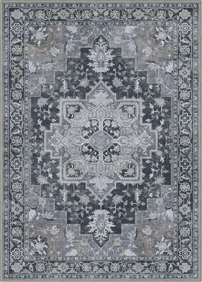 GENIMO 8x10 Area Rugs for Living Room, Machine Washable Non Slip Vintage Rugs, Low Pile Lightweight Chenille Print Rug for Bedroom, Dining Room, Home Office,Dark Gray
