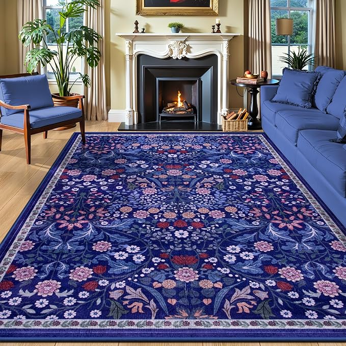 Area Rugs 9x12 Living Room: Floral Washable Rug Vintage Large Soft Boho Non-Slip Carpet Indoor Floor Stain Resistant Low Pile Carpets for Bedroom Dining Room Farmhouse Nursery Home Office Blue