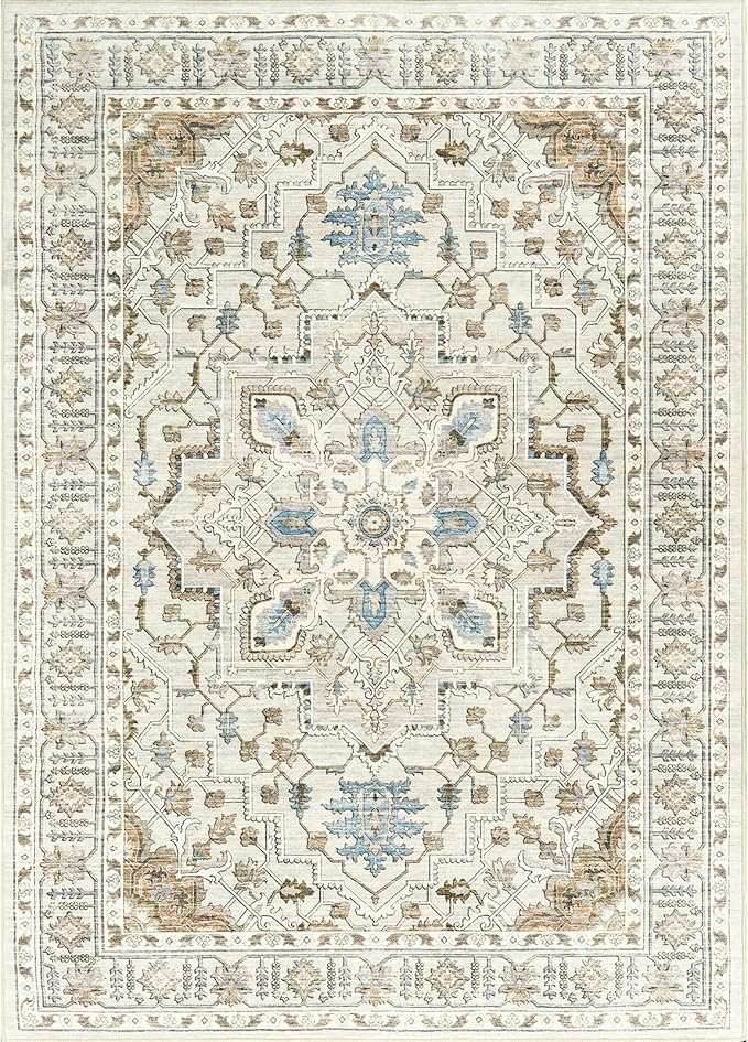 6x9 Area Rug for Living Rooms, Stain Resistant Neutral Washable Rugs for Dining Rooms, Floral Vintage Non-Slip Thin Large Size Area Rugs(Beige)