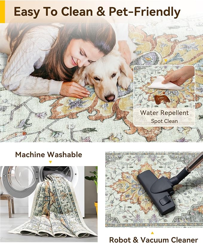 Area Rugs 10'x14' Washable Non-Slip, Floral Vintage Distress Print Pattern Medallion Carpet for Living Room Bedroom Dining Room, Light Yellow Carbon Grey Orange