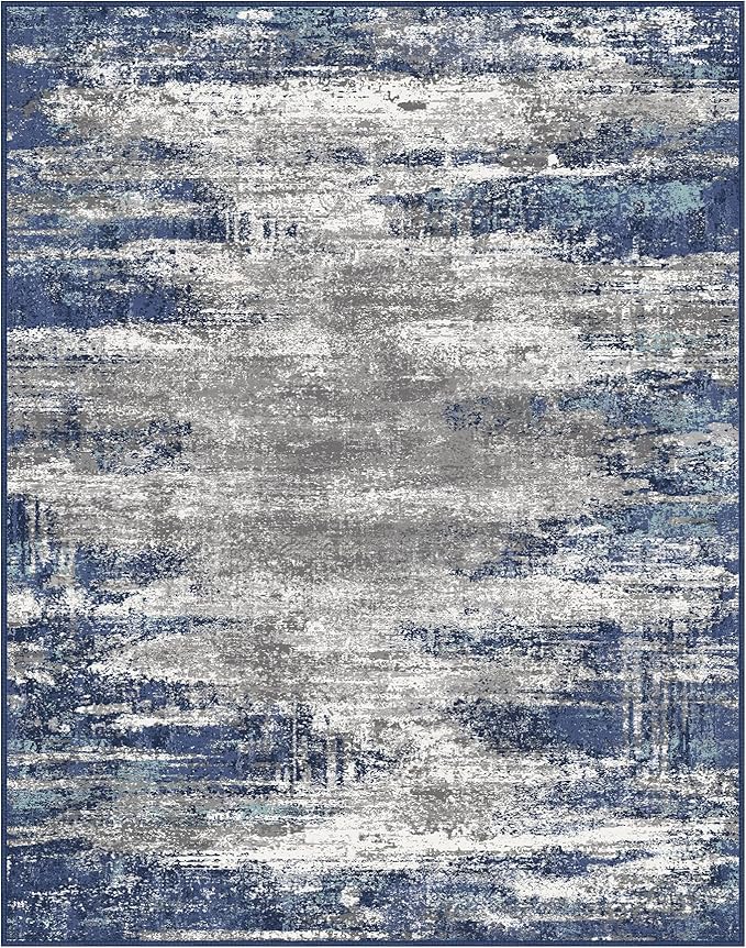 Area Rugs 8x10 for Living Room Bedroom, Modern Abstract Machine Washable Rug, Large Soft Low Pile Floor Cover with Non Slip Backing for Dining Room, Navy Blue Gray