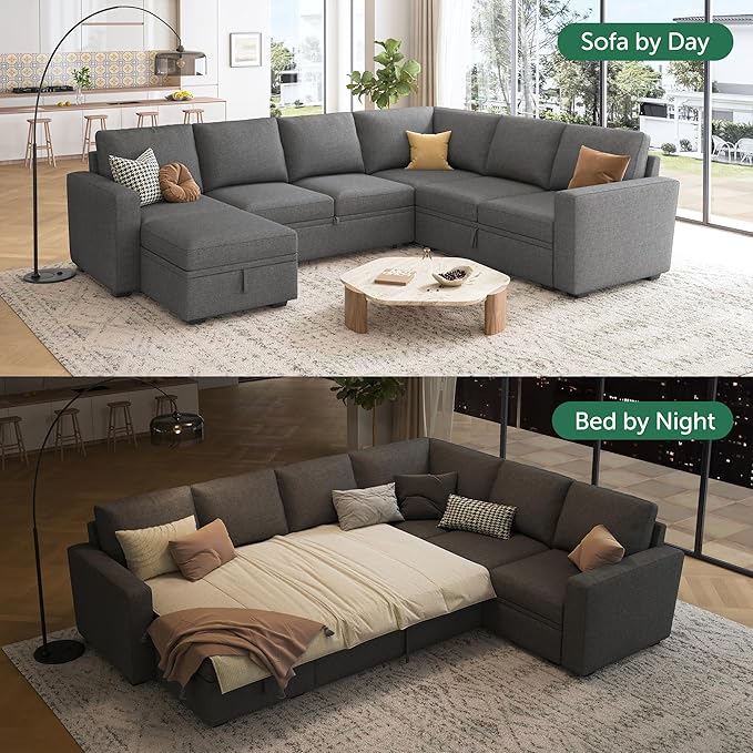 HONBAY Sectional Sleeper Sofa with Pull Out Bed, U Shaped Couch with Storage, Modular Sectional Couches for Living Room, Dark Grey