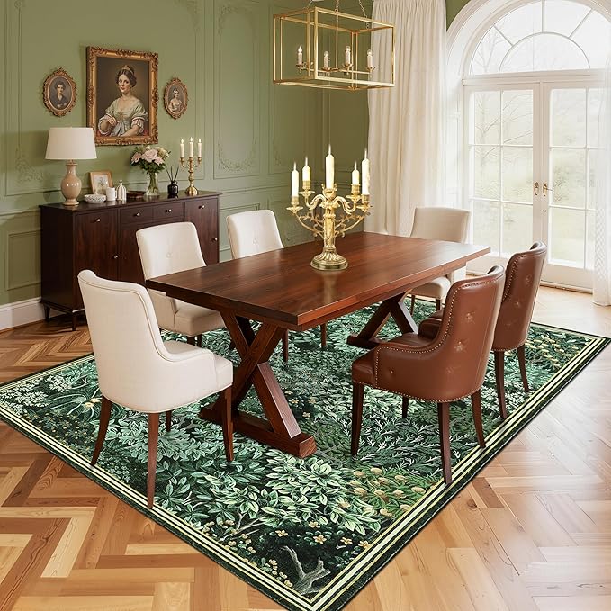 GarveeHome Forest Rugs 5x7, Dark Green Washable Area Rugs for Living Room 5x7, Botanical Low Pile Non Slip Stain Resistance Woodland Rug for Farmhouse, Bedroom, Dining Room