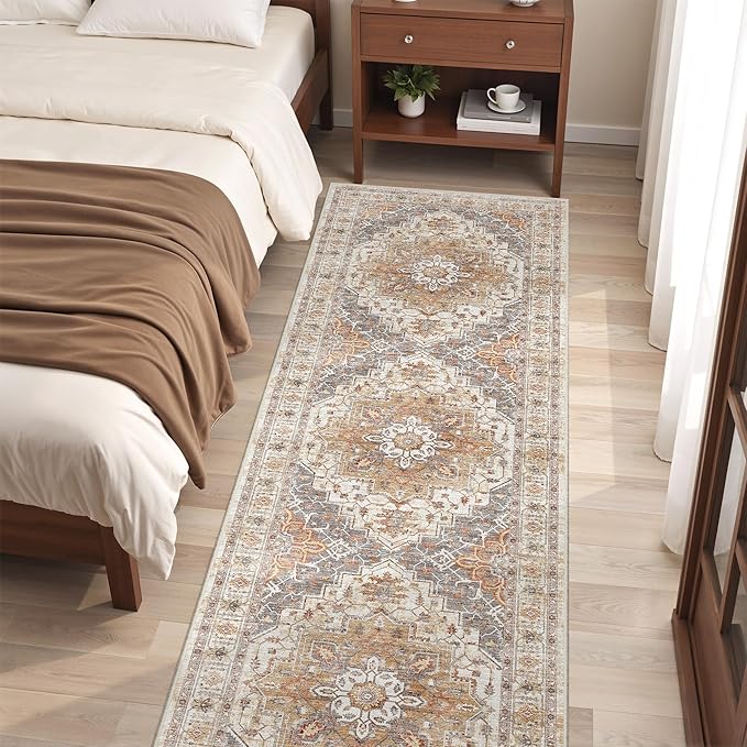2x8 Runner Rug Washable Hallway Runner Rug Ultra-Thin Soft Kitchen Rug Non Slip Indoor Floor Foldable Carpet with Low Pile for Bathroom Laundry Room Living Room Entryway(Turmeric/Grey,2'x8')