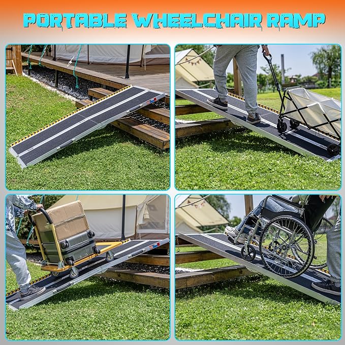 Portable Wheelchair Ramp 7FT, Anti-Slip Aluminum Folding Portable Ramp, Wheelchair Ramps for Home, Weight Capacity Up to 800 LBS, with Transition Plates Above and Below, Loading Dock Plates