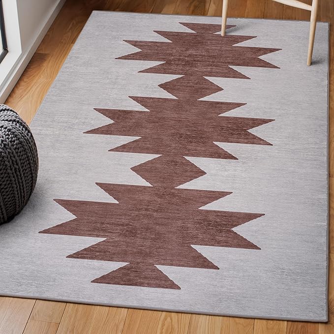 JONATHAN Y Machine Washable Gray/Brown Indoor Area Rug 4X6 ft, Chayton Minimalist Geometric for Living Room, Bedroom, Kitchen, Office, Easy-Cleaning, Pet-Friendly, Non-Shedding WSH110E-4