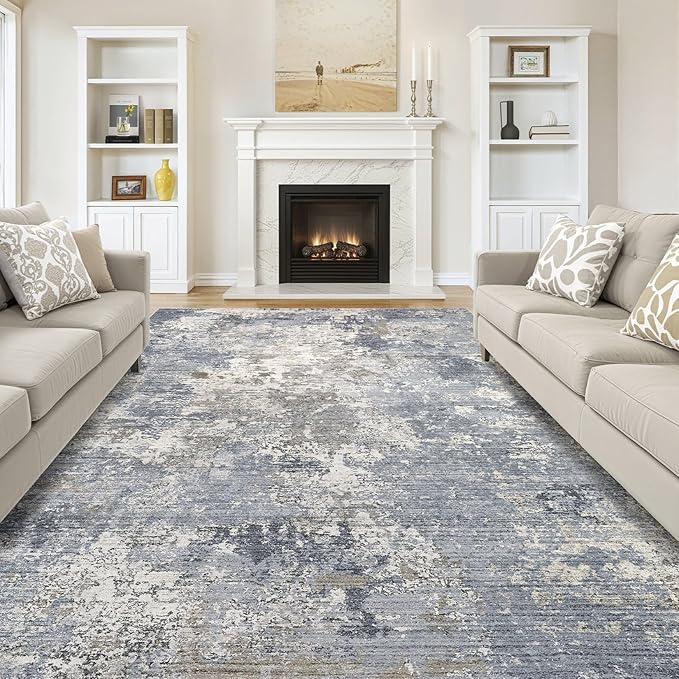 Area Rugs for Living Room: 6x9 Abstract Washable Rug Modern Neutral Large Soft Stain Resistant Non-Slip Backing Machine Table for Bedroom Dining Room Indoor Home Office Carpet - Light Denim Blue