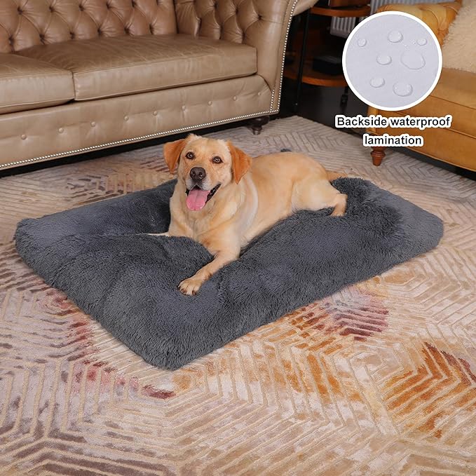 Bedfolks Waterproof Dog Crate Pad, Extra Large Faux Fur Dog Bed, Washable Kennel Bed 41"x27", Dark Grey