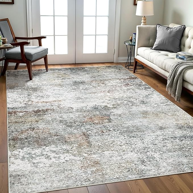 Art&Tuft Washable Rugs 5x7 - Stain Resistant Anti-Slip Backing Abstract 5x7 Area Rugs for Living Room, Foldable Machine Washable Area Rug(5'x7', Grey/Rust)