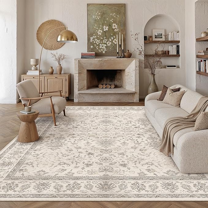8x10 Area Rug Beige Washable Vintage Carpet Living Room Bedroom Large Non Slip Stain Soft Resistant Low Pile Thin Boho Accent Indoor Throw Rug for Dining Room Office