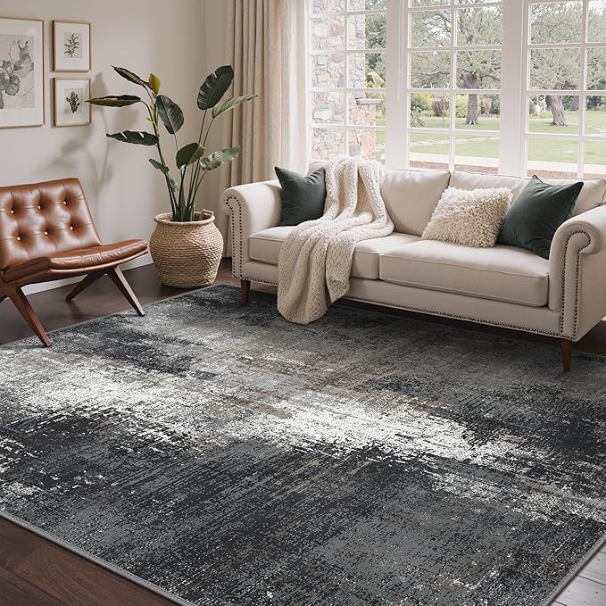 Area Rugs 9x12 for Living Room Bedroom, Modern Abstract Machine Washable Rug, Large Soft Low Pile Floor Carpet with Non Slip Backing for Dining Room, Black