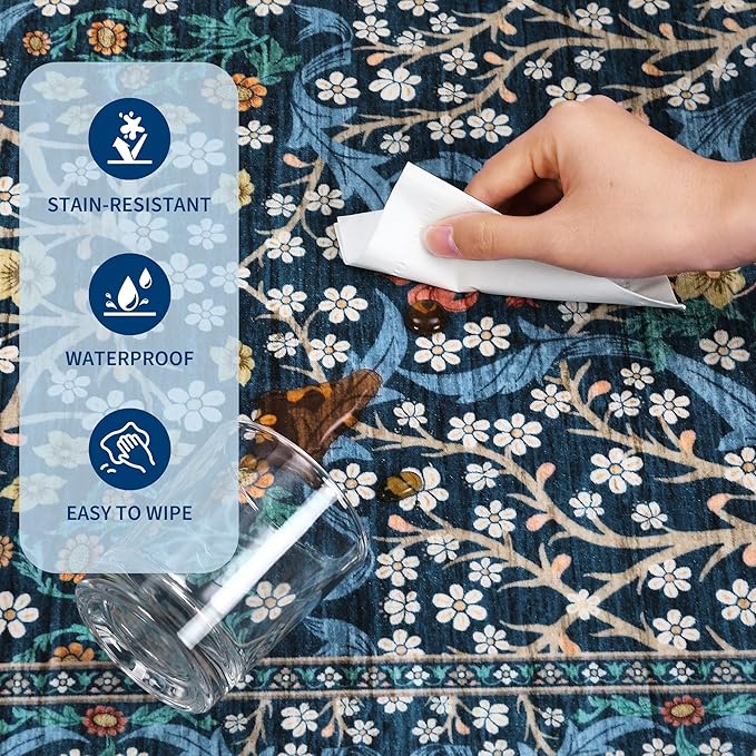 GarveeHome Washable Rug for Living Room, 9x12 Large Area Rug for Dining Room Under Table, Bedroom, Floral Soft Low Pile Non Slip Stain Resistant Carpet for Nursery, Playroom, Office, Dark Blue